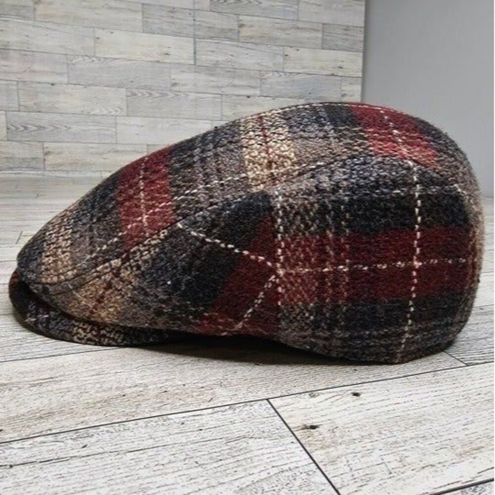 Bigalli "Boston" Red/Blue Plaid Wool Blend Fitted Gatsby Style Cap, Size Small